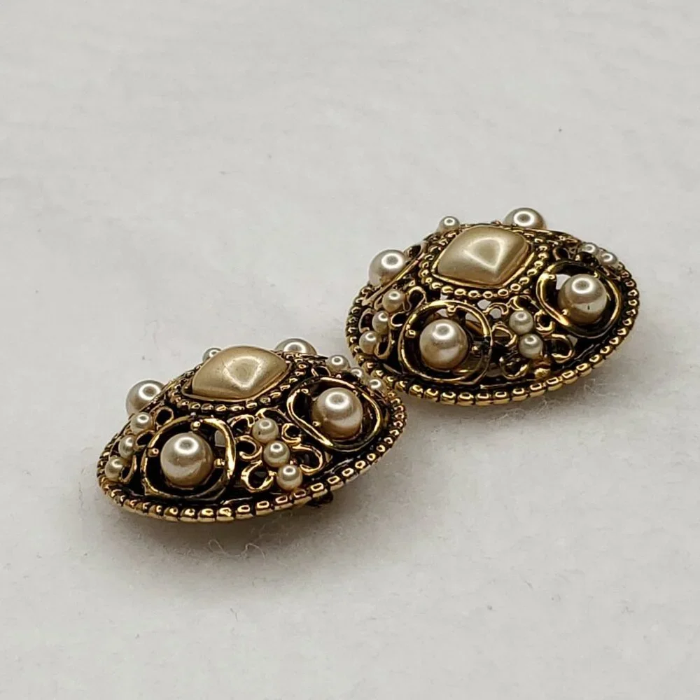 Vintage Carolee Earrings Faux Pearl Filigree Statement Gold Tone Clip On